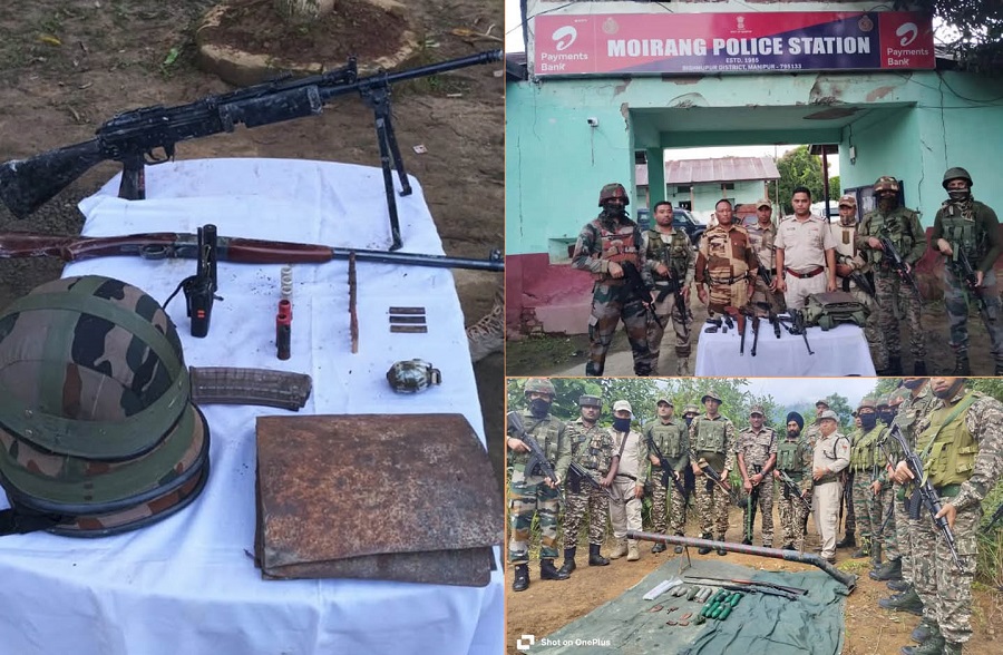 मणिपुर- अलग-अलग अभियानों में भारी मात्रा में बरामद हथियारों के जखीरा का दृश्य मणिपुर- अलग-अलग अभियानों में भारी मात्रा में बरामद हथियारों के जखीरा का दृश्य