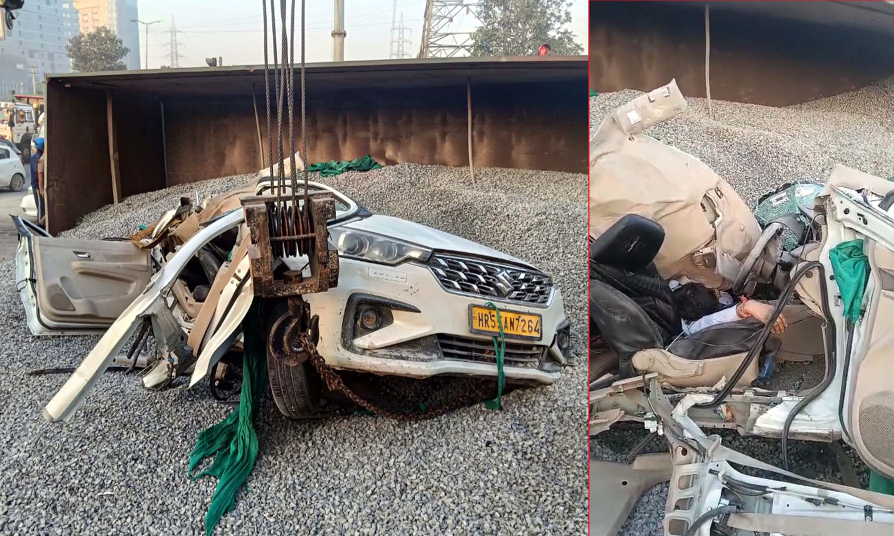 गुरुग्राम के सेक्टर-49/50 के ट्रैफिक सिग्नल पर कार पर ट्राला पलटने से क्षतिग्रस्त कार व उसमें फंसे लोग। गुरुग्राम के सेक्टर-49/50 के ट्रैफिक सिग्नल पर कार पर ट्राला पलटने से क्षतिग्रस्त कार व उसमें फंसे लोग।