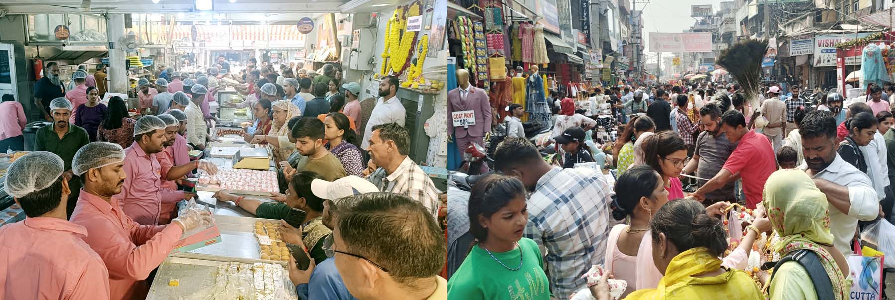 गुरुग्राम में छोटी दिवाली पर सदर बाजार स्थित रेवाड़ी स्वीट्स पर मिठाई खरीदने को लगी भीड़ व सदर बाजार में खरीदारी करते लोग।
