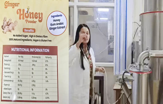 सोनीपत निफ्टेम कुंडली के वैज्ञानिक हनी पाउडर बनाते हुए, साथ ही इसमें न्यूट्रेशन की जानकारी देता चार्ट