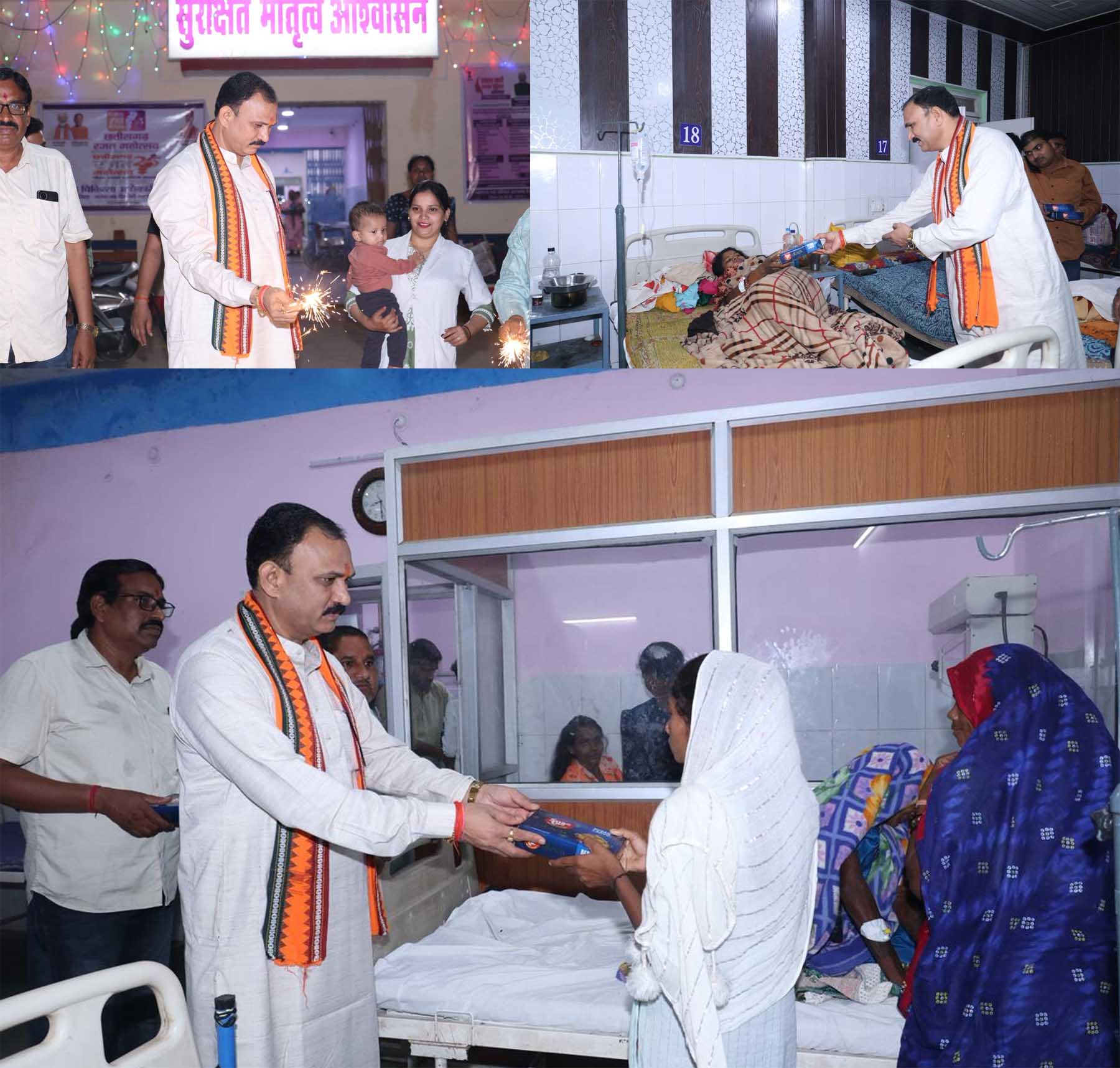 स्वास्थ्य मंत्री जायसवाल मरीजों और अस्पताल स्टाफ  को फल एवं मिठाई वितरित करते स्वास्थ्य मंत्री जायसवाल मरीजों और अस्पताल स्टाफ  को फल एवं मिठाई वितरित करते