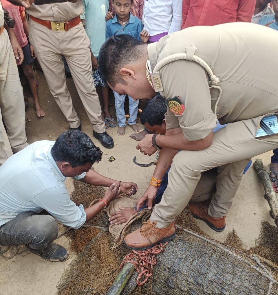 हलिया के बसुहरा गाँव में पहुचे मगरमच्छ को पकडते वनकर्मी हलिया के बसुहरा गाँव में पहुचे मगरमच्छ को पकडते वनकर्मी