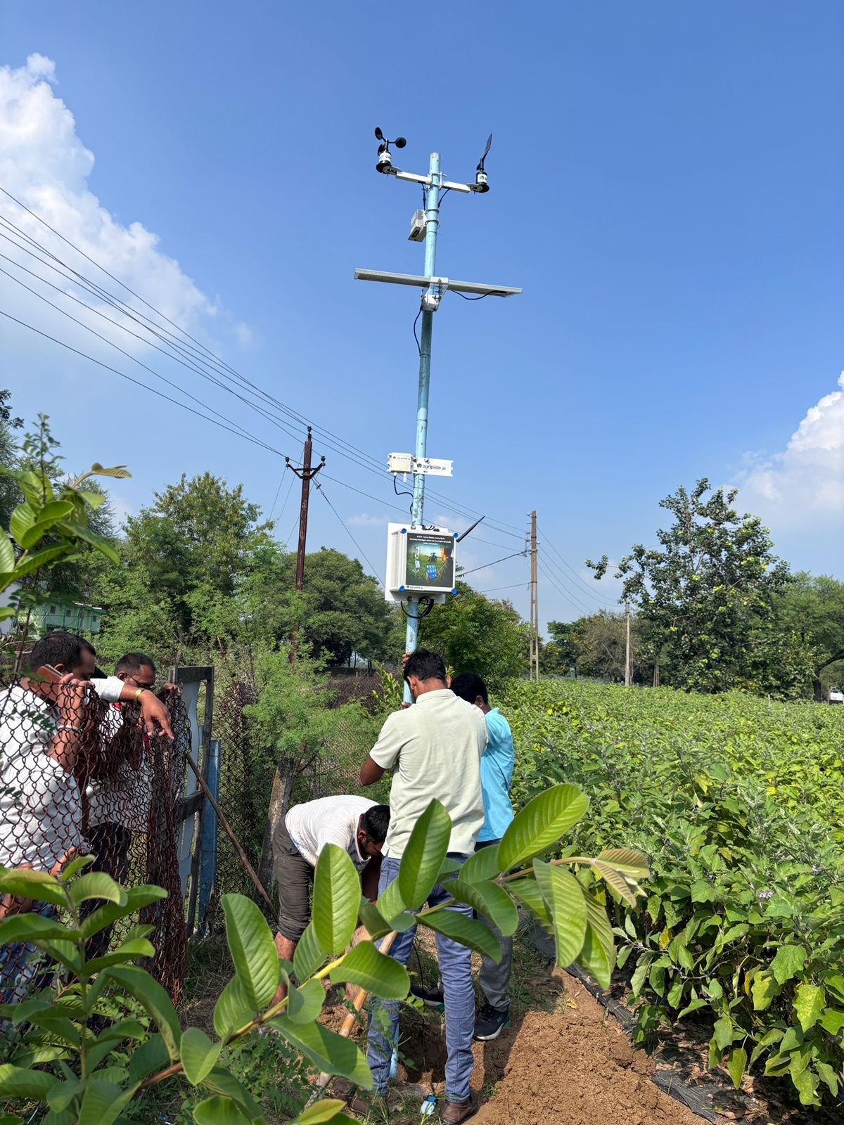 कुरूद ब्लाक के गांव में वेदर स्टेशन स्थापित करते हुए कर्मचारी।