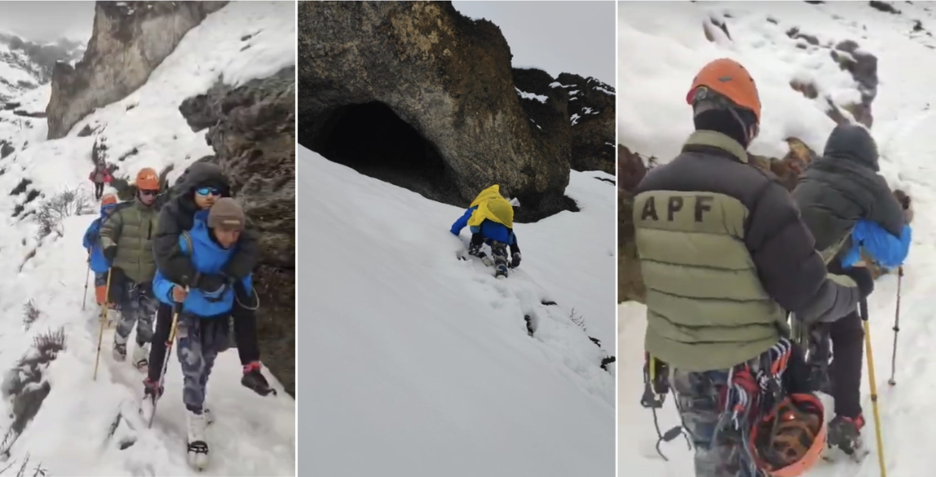 बर्फबारी में फंसे पर्यटकों का उद्धार करते पुलिस वाले बर्फबारी में फंसे पर्यटकों का उद्धार करते पुलिस वाले