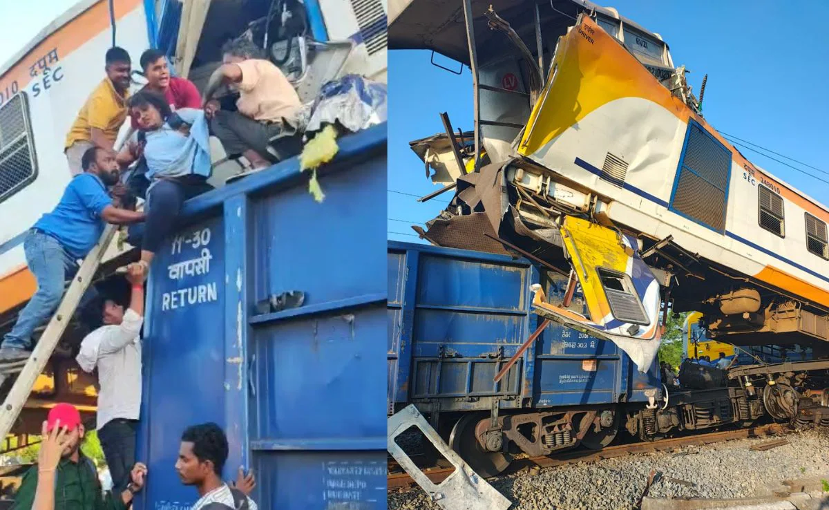 बिलासपुर मेमू लोकल ट्रेन के डब्बे से यात्रियों को निकालते रेलवे के कर्मचारी और नागरिक