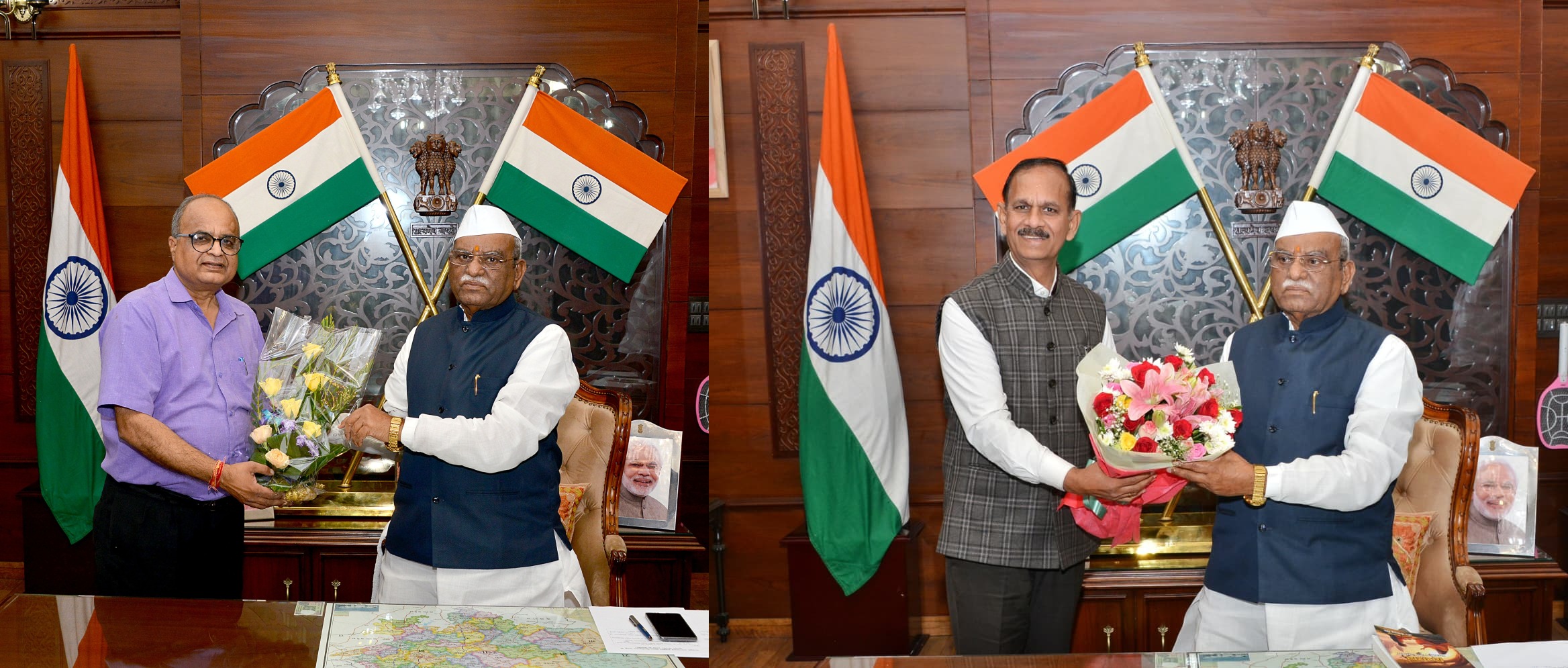 राज्यपाल से नव नियुक्त कुलगुरु डॉ. सुमंत व्यास और प्रो.पुष्पेंद्र सिंह चौहान ने की शिष्टाचार भेंट