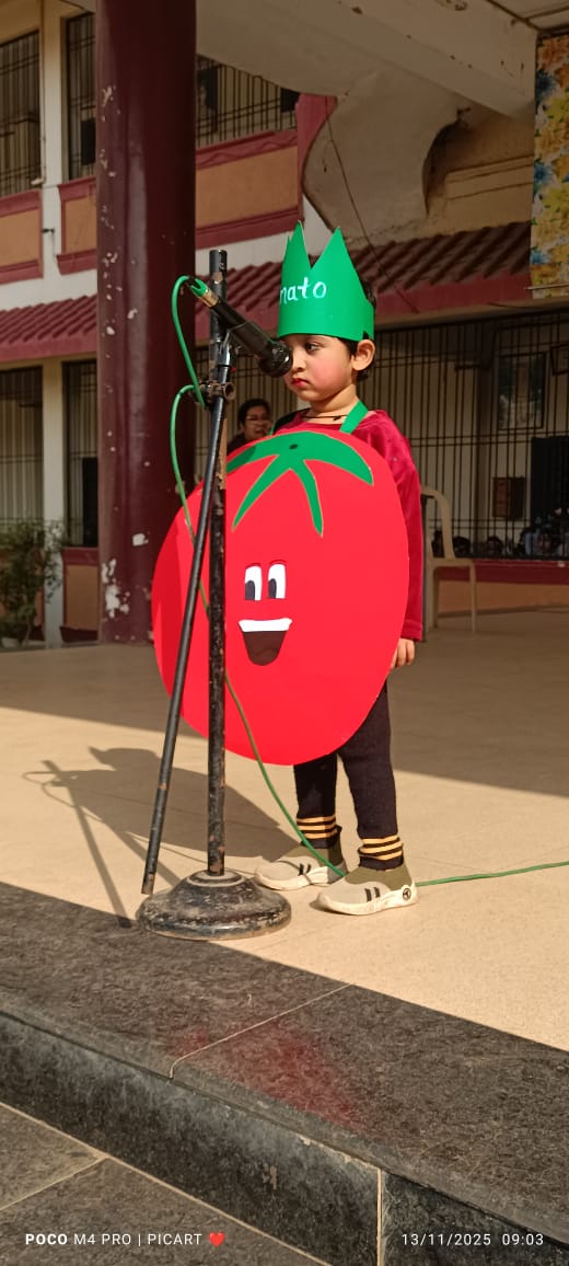 टमाटर की वेशभूषा में तैयार बच्चा।