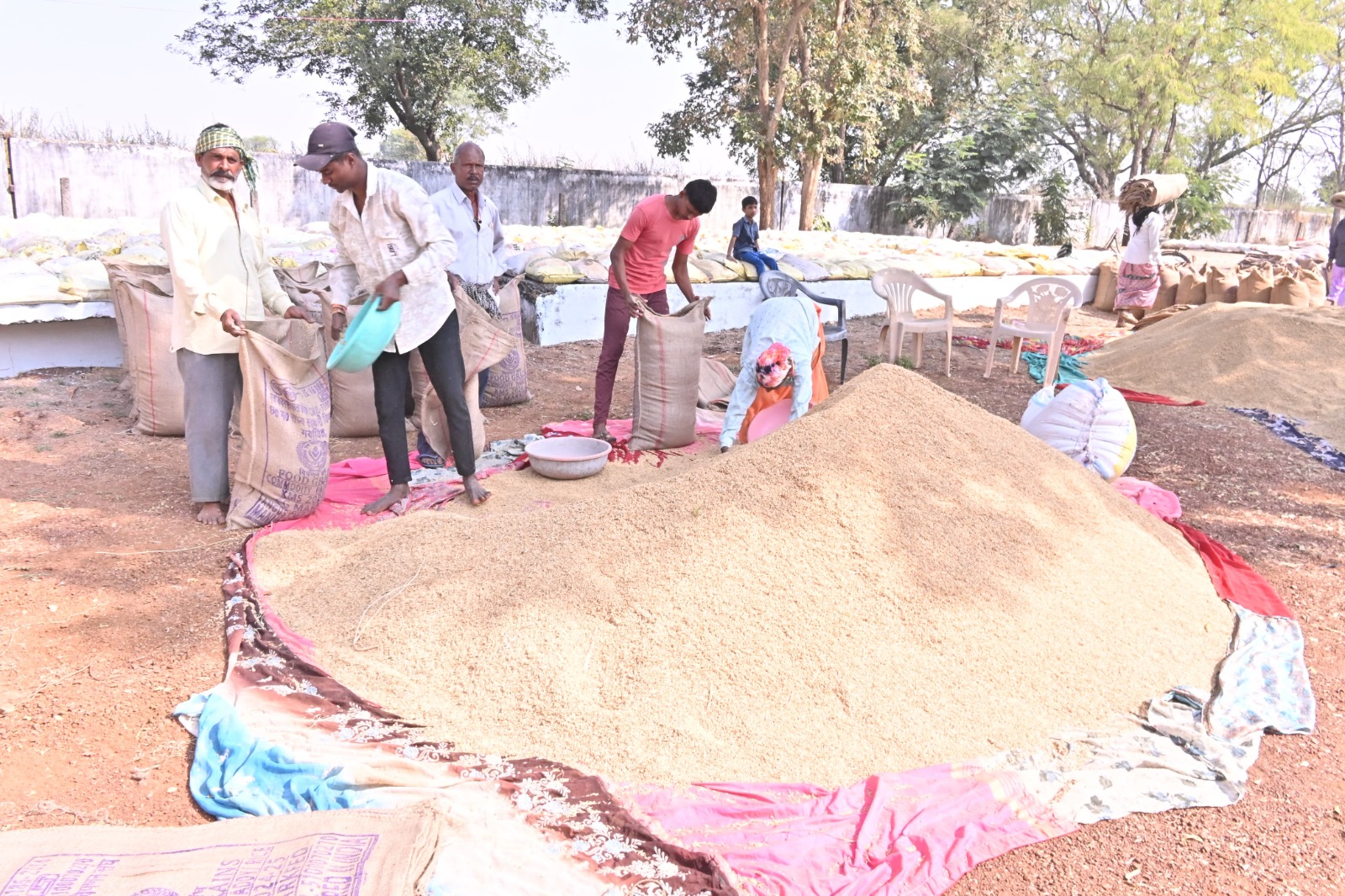 धान खरीदी केंद्र में धान को बोरा में भरते हुए किसान।