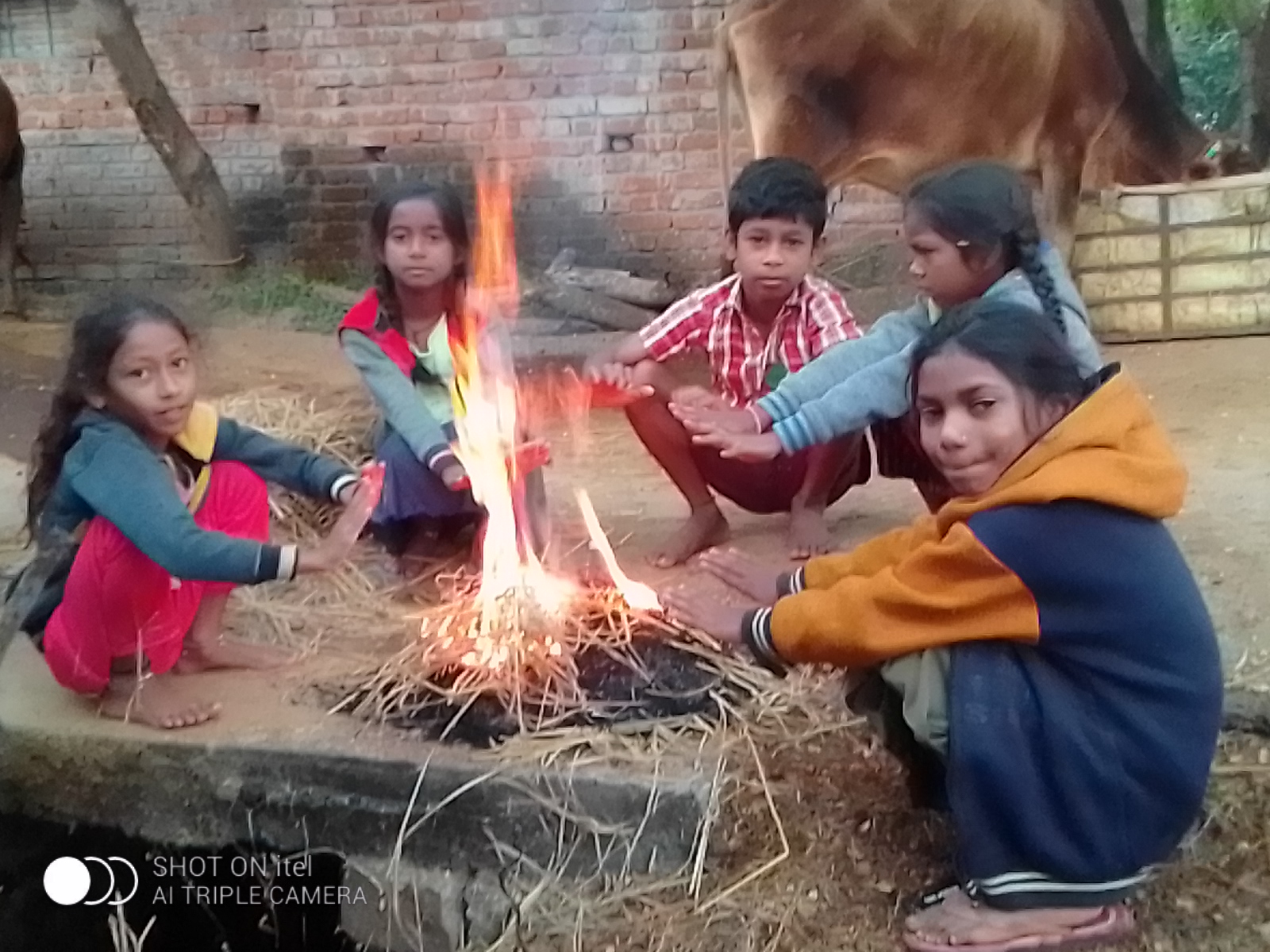 अलाव तापते हुए बच्चे। अलाव तापते हुए बच्चे।