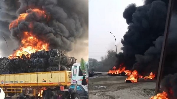 मुरैना : टायरों से भरे कंटेनर में आग, जलकर हुआ खाक