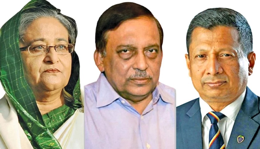 शेख हसीना, असदुज्जमां खान और अब्दुल्ला अल मामून (बाएं से)। फोटो कोलाज-  ढाका ट्रिब्यून