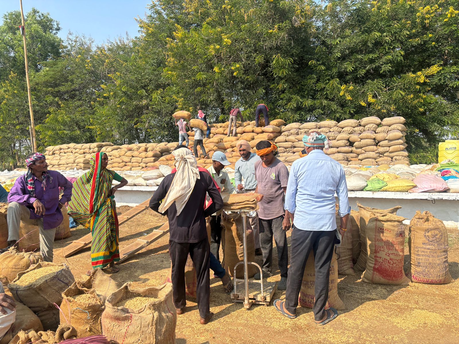 धान खरीदी केंद्र धान की तौलाई कराते हुए किसान।