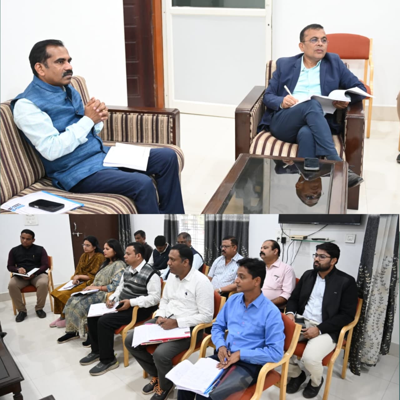 प्रभारी सचिव अधिकारियों की बैठक लेते हुए