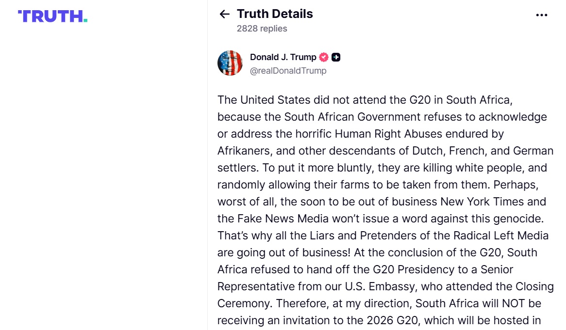 अमेरिकी राष्ट्रपति डोनाल्ड ट्रंप ने यह घोषणा ट्रुथ सोशल पर की।