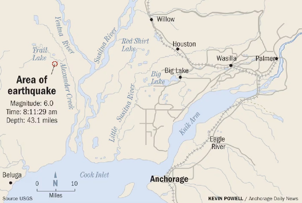 अलास्का के एंकरेज डेली न्यूज अखबार ने मानचित्र में भूकंप प्रभावित क्षेत्र को इंगित किया है।