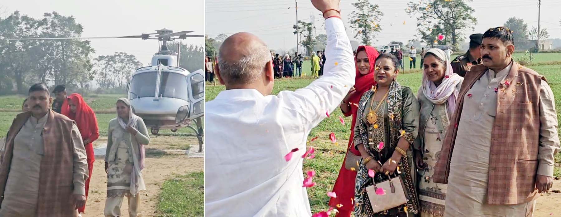 बेटे की शादी में भात न्यौतने हेलिकॉप्टर से बोहड़ाकलां पहुंची पिंकी यादव व अन्य परिजनों का स्वागत करते उनके भाई. बेटे की शादी में भात न्यौतने हेलिकॉप्टर से बोहड़ाकलां पहुंची पिंकी यादव व अन्य परिजनों का स्वागत करते उनके भाई.