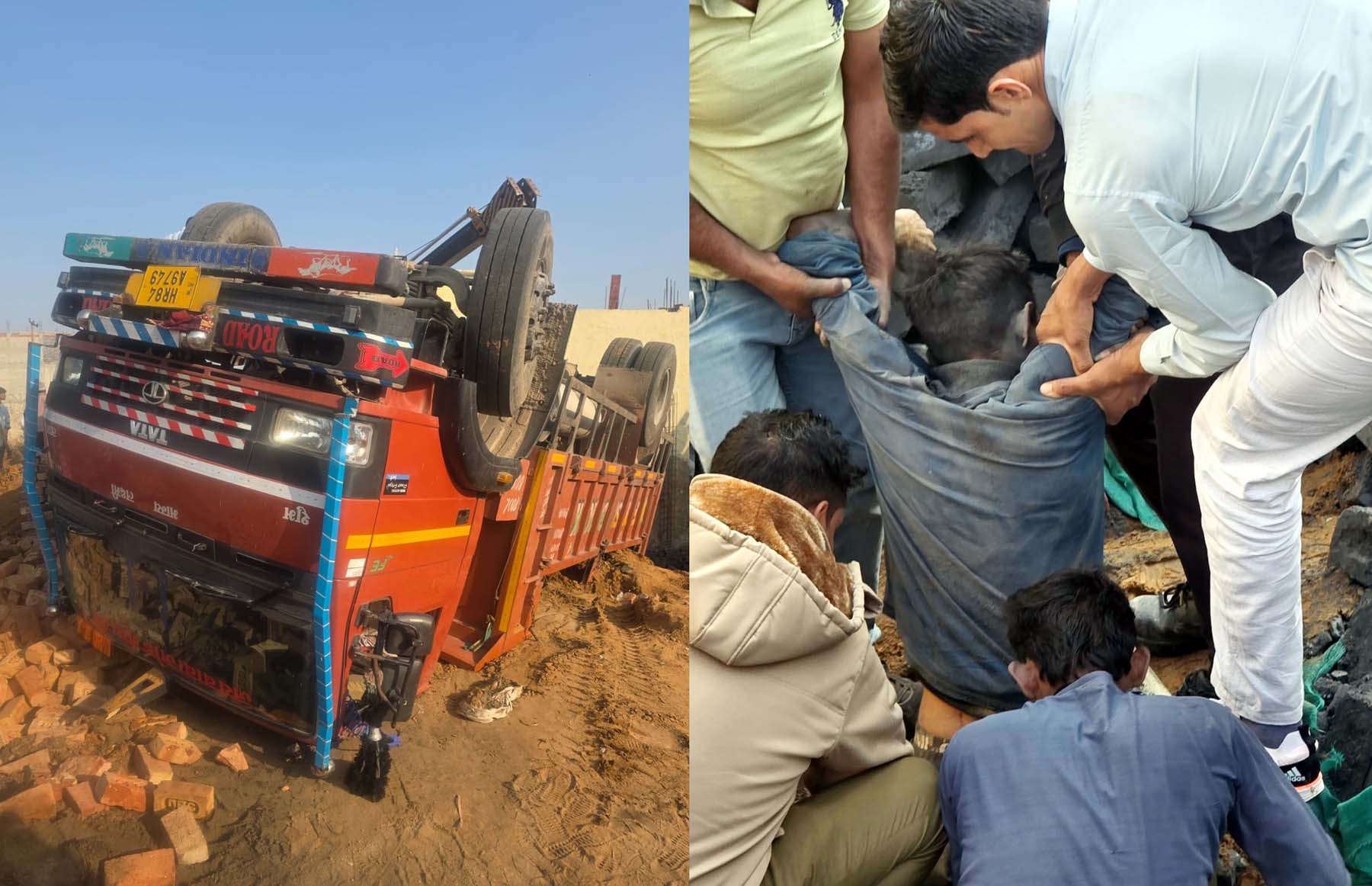 मानेसर में निर्माणाधीन साइट पर पलटा ट्रक व उसके नीचे दबे मजदूर को निकालते बचाव दल के सदस्य.