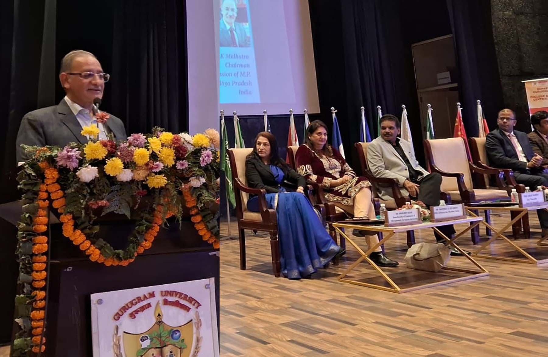 गुरुग्राम यूनिवर्सिटी के डिपार्टमेंट ऑफ मैनेजमेंट तथा कॉलेज ऑफ बिजऩेस एडमिनिस्ट्रेशन, सीएमयू के संयुक्त तत्वावधान में आयोजित दो दिवसीय 5वें अंतरराष्ट्रीय सम्मेलन में बोलते मुख्य अतिथि.
