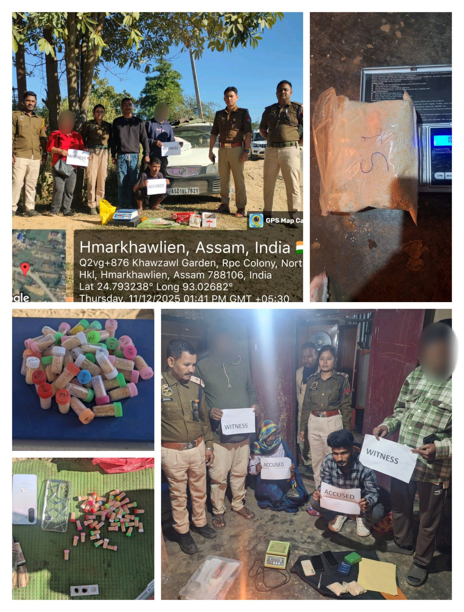 कछार पुलिस की एंटी-नार्कोटिक्स कार्रवाई में हेरोइन बरामदगी तथा आरोपितों की गिरफ्तारी की तस्वीर।