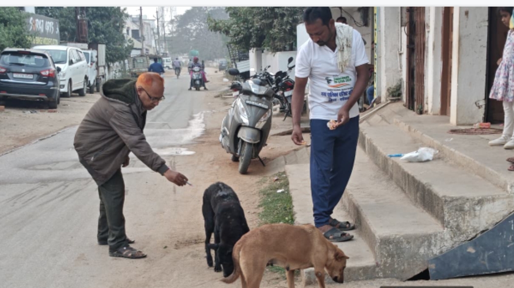 कुत्ते को इंजेक्शन लगाते हुए डाक्टर।