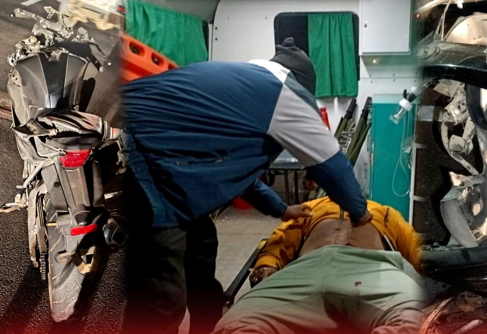 दुर्घटनास्थल पर क्षतिग्रस्त मोटरसाइकिल और व्यक्ति दुर्घटनास्थल पर क्षतिग्रस्त मोटरसाइकिल और व्यक्ति