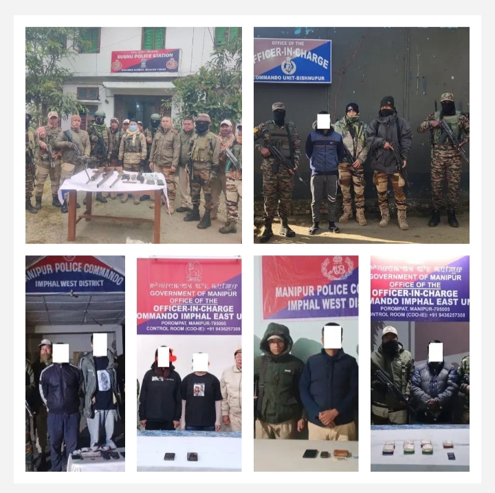 मणिपुर में सुरक्षा बलों की कार्रवाई में हथियार बरामदगी और उग्रवादी कैडरों व ड्रग तस्कर की गिरफ्तारी से संबंधित तस्वीरें।