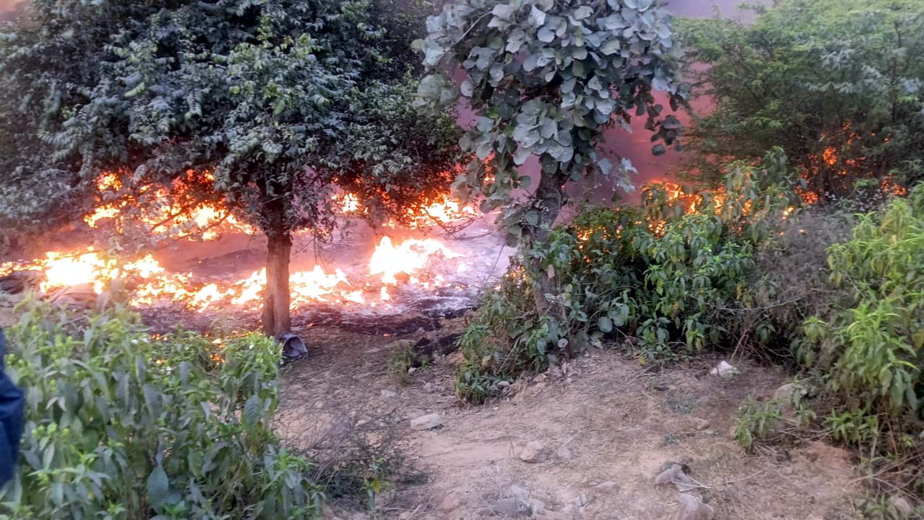 बार गुर्जर गांव के पास लगी प्लास्टिक वेस्ट में आग।