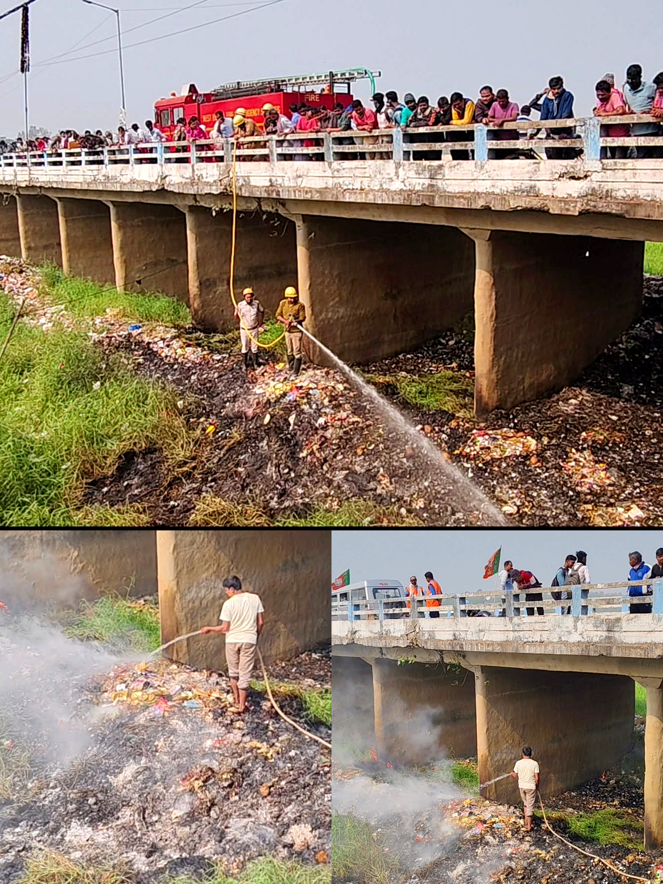 पुल के नीचे कूड़े में लगी आग को बुझाते दमकलकर्मी। पुल के नीचे कूड़े में लगी आग को बुझाते दमकलकर्मी।