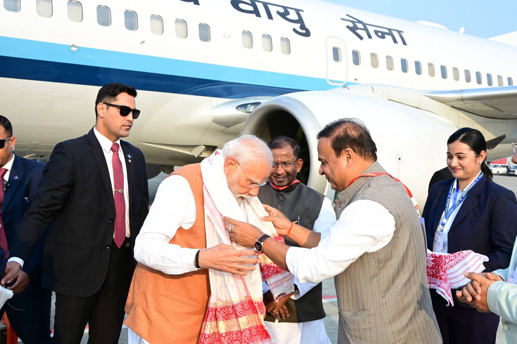 Assam Chief Minister Dr Himanta Biswa Sarma on Saturday welcoming the Prime Minister Narendra Modi at LGBI airport Guwahati.