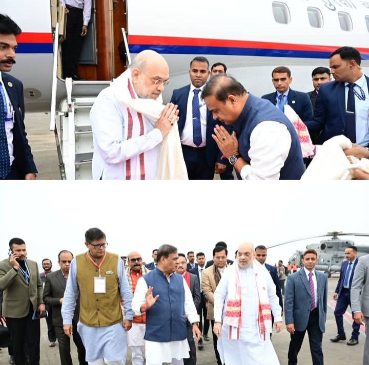 Assam पहुंचे केंद्रीय गृह मंत्री अमित शाह का हवाई अड्डे पर स्वागत करते हुए Chief Minister  डॉ हिमंत बिस्व सरमा.