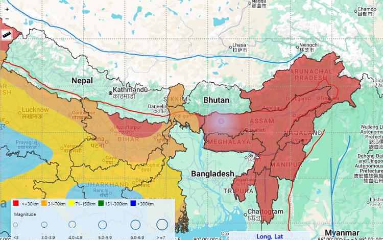 असमः बंगाईगांव जिले में आए भूकंप का मानचित्र