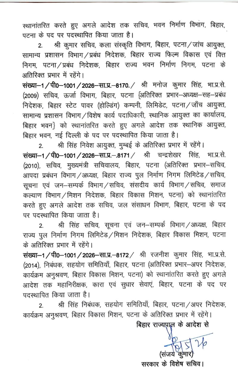 बिहार में आईएएस अधिकारियों का तबादला, कुमार रवि स्वास्थ्य, लोकेश कुमार सिंह पर्यटन, प्रणव कुमार भवन निर्माण विभाग के सचिव बनें