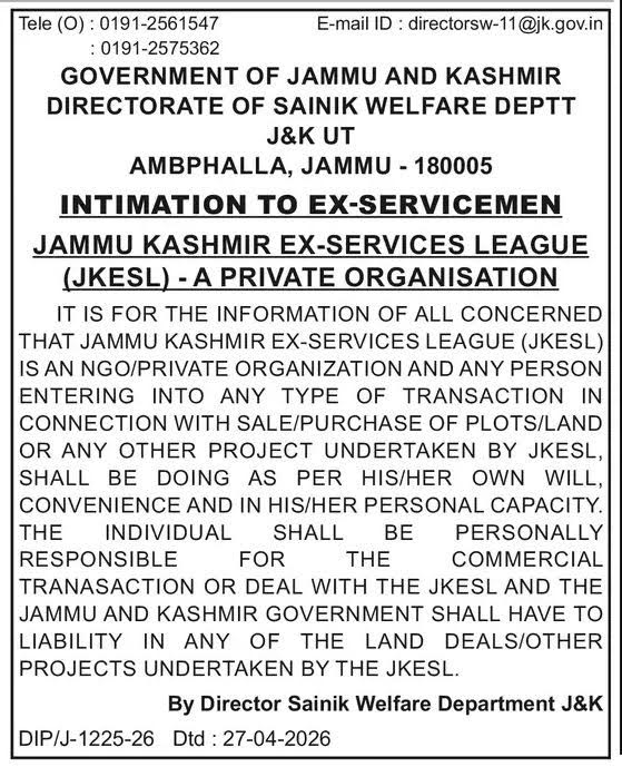 Government issues major clarification to Jammu and Kashmir Ex-Servicemen League: Exercise caution before buying land or plot, transaction is your responsibility