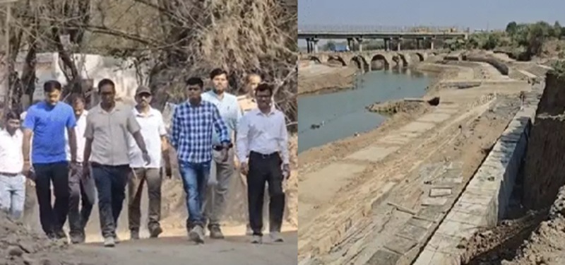 शिप्रा घाटों का पैदल निरीक्षण करते कमिश्नर-कलेक्टर और अन्य अधिकारी