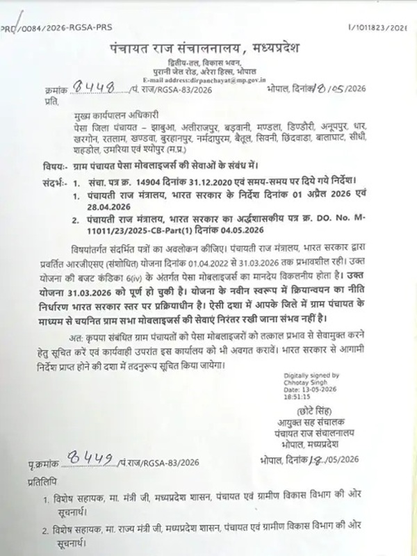मप्र पंचायत राज संचालनालय द्वारा जारी आदेश मप्र पंचायत राज संचालनालय द्वारा जारी आदेश