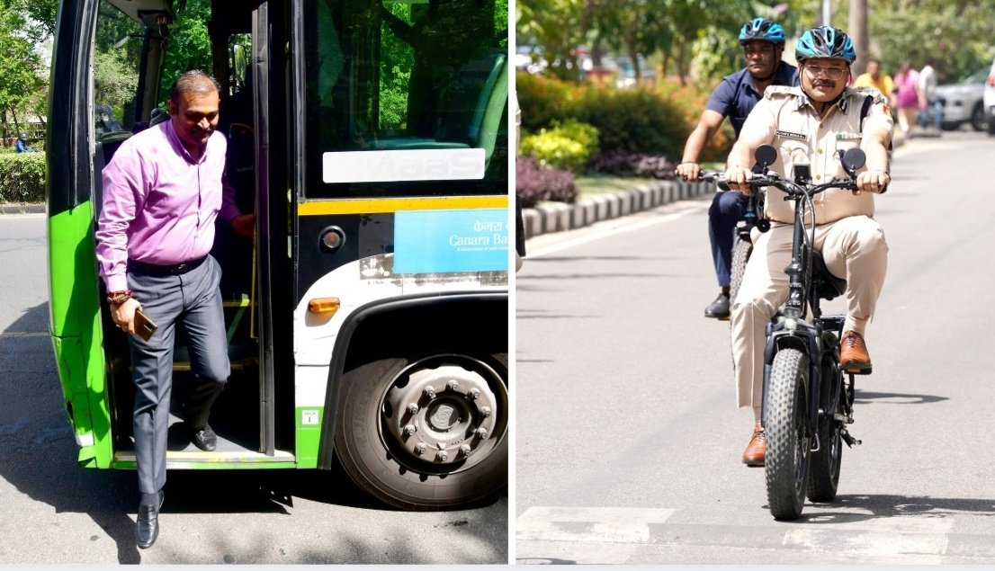 चंडीगढ़ के अधिकारी व कर्मचारी बस व साइकिल से दफ्तर आते हुए