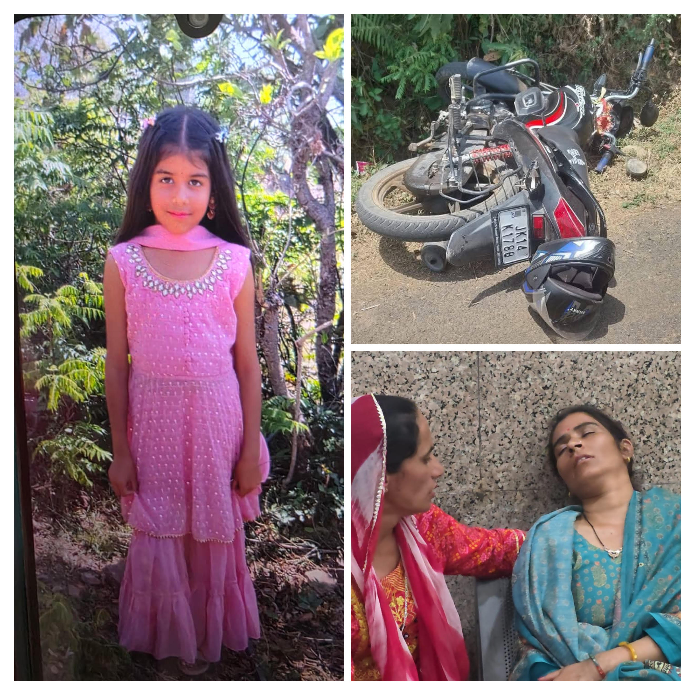 An 11-year-old girl who went out of school during the break died in a road accident; the accused bike rider is absconding.