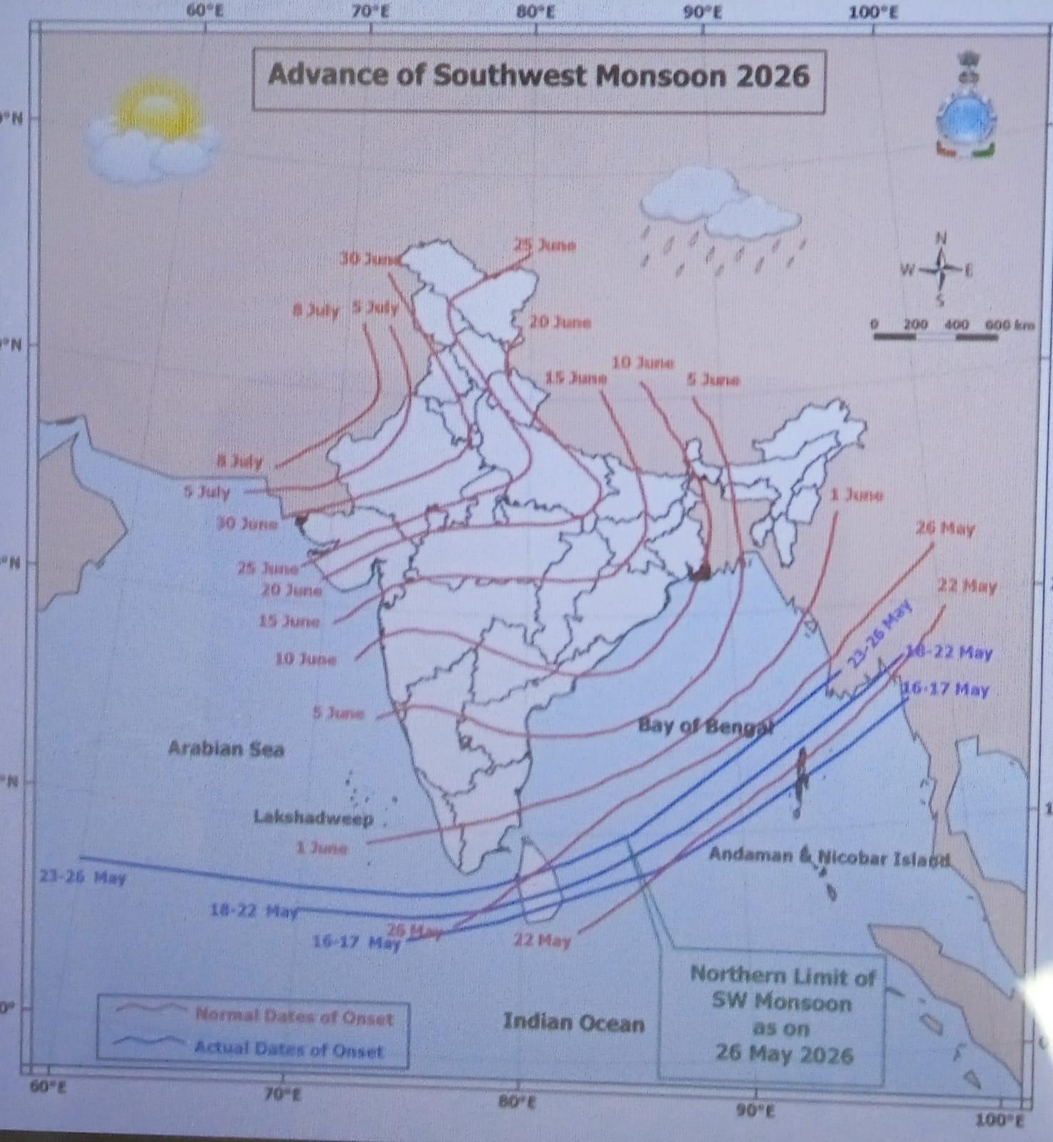 दक्षिण-पश्चिम मानसून की 26 मई की स्थिति (फोटो स्रोत- आईएमडी) दक्षिण-पश्चिम मानसून की 26 मई की स्थिति (फोटो स्रोत- आईएमडी)