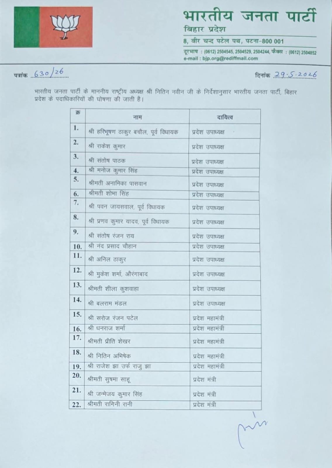 भारतीय जनता पार्टी बिहार प्रदेश के द्वारा पदाधिकारियों के नाम की हुई घोषणा भारतीय जनता पार्टी बिहार प्रदेश के द्वारा पदाधिकारियों के नाम की हुई घोषणा