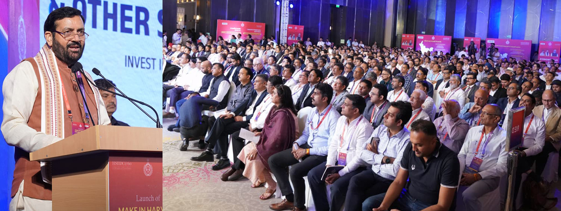 गुरुग्राम के ग्रैंड हयात होटल में मेक इन हरियाणा पॉलिसी 2026 तथा नो सेक्टोरल नीतियों की लांचिंग समारोह को संबोधित करते मुख्यमंत्री नायब सिंह सैनी।