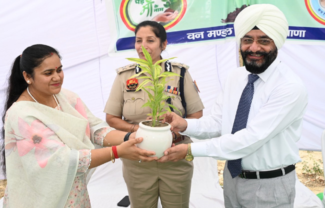 सोनीपत: विश्व पर्यावरण दिवस के अवसर पर          पुलिस आयुक्त ममता सिंह को पौधा भेंट करते         हुए