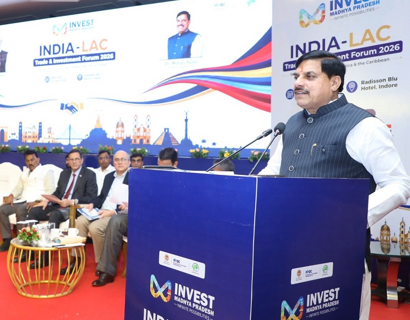 इंदौर में भारत-लैटिन अमेरिका व्यापार एवं निवेश फोरम 2026 को संबोधित करते हुए मुख्यमंत्री