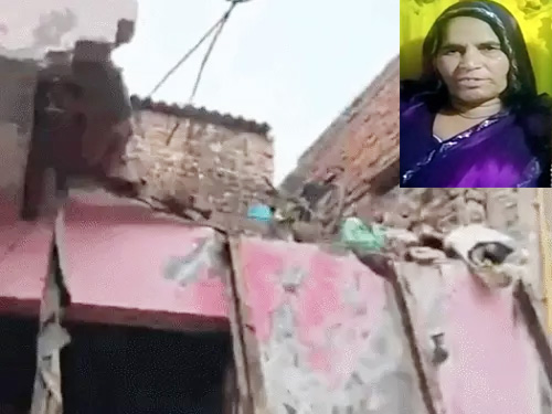 टूटे हुए छज्जे का भाग व इनसेट में मृतक महिला का फाइल फोटो