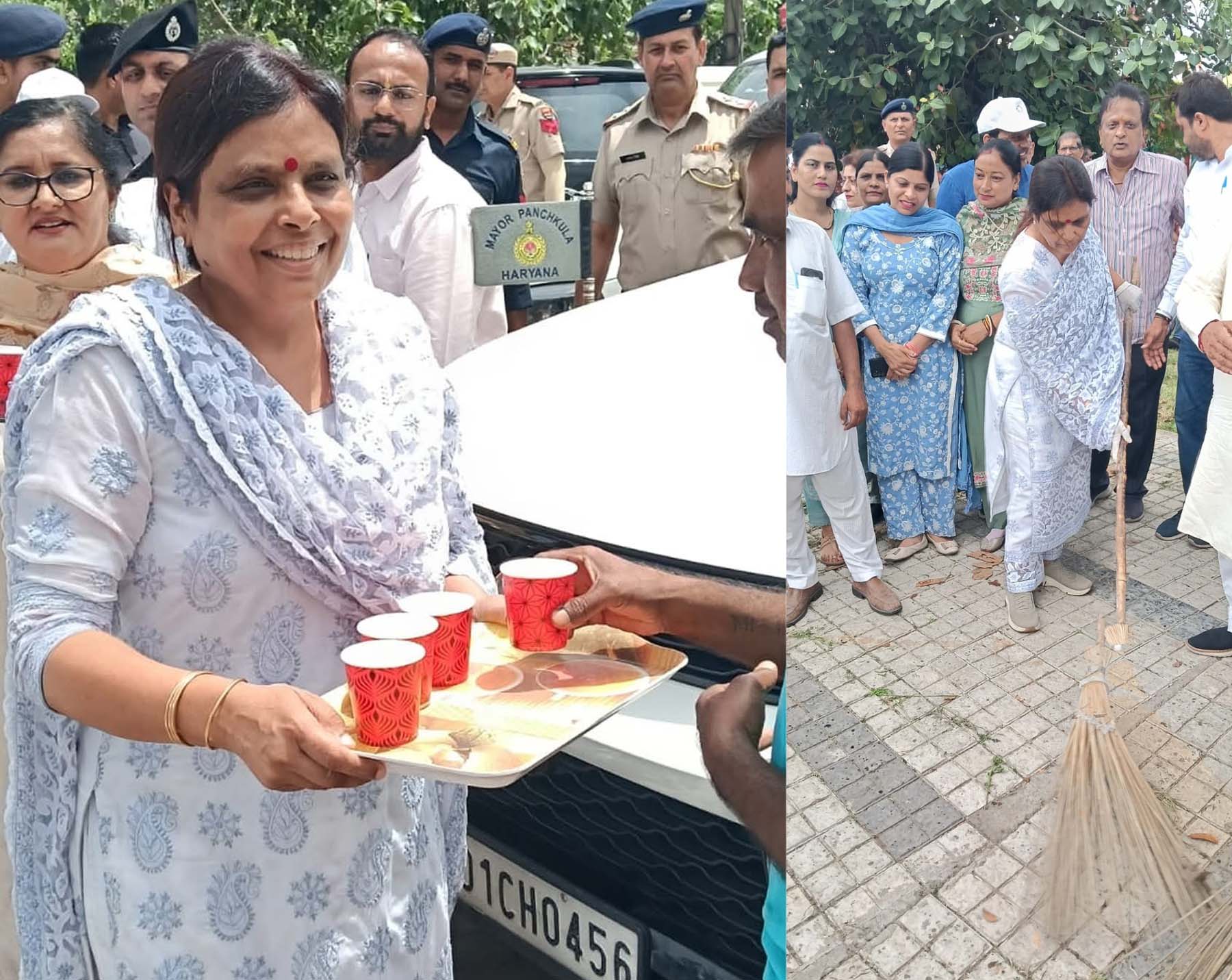 पंचकूला के सेक्टर-5 स्थित स्नेहा मंदिर में आयोजित स्वच्छता अभियान के दाैरान लाेगाें काे शीतल जल वितरित करतीं व स्वच्छता के लिए झाड़ू लगाती भाजपा प्रदेश अध्यक्ष डा. अर्चना गुप्ता। पंचकूला के सेक्टर-5 स्थित स्नेहा मंदिर में आयोजित स्वच्छता अभियान के दाैरान लाेगाें काे शीतल जल वितरित करतीं व स्वच्छता के लिए झाड़ू लगाती भाजपा प्रदेश अध्यक्ष डा. अर्चना गुप्ता।