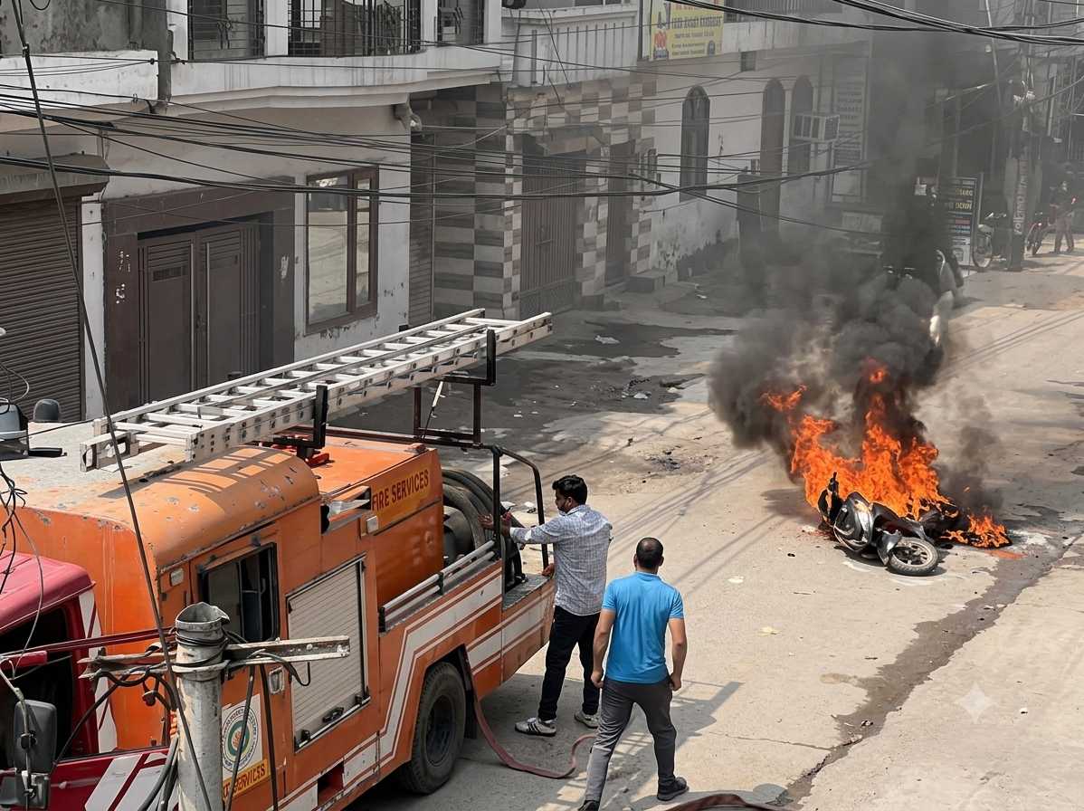 जलते हुए वाहन की आग पर काबू पाने का प्रयास करते हुए दमकल कर्मी