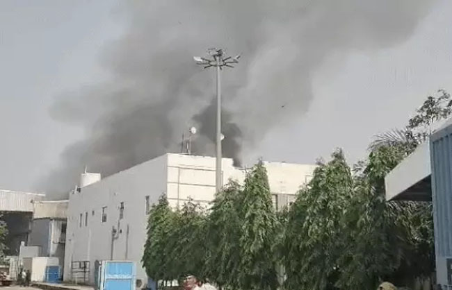 कंपनी में लगी आग से उठता धुआं।