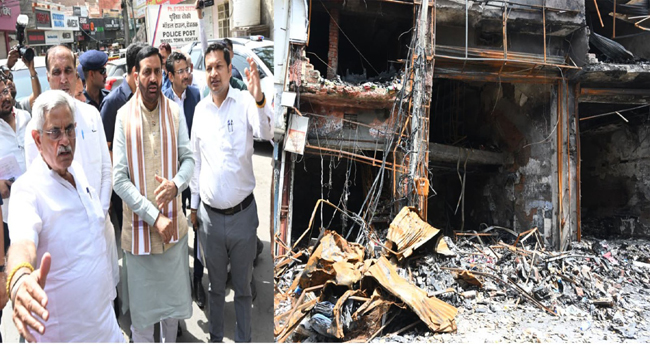 हरियाणा के मुख्यमंत्री नायब सैनी रोहतक में आग की भेंट चढ़ी दुकानों का जायजा लेते हुए हरियाणा के मुख्यमंत्री नायब सैनी रोहतक में आग की भेंट चढ़ी दुकानों का जायजा लेते हुए