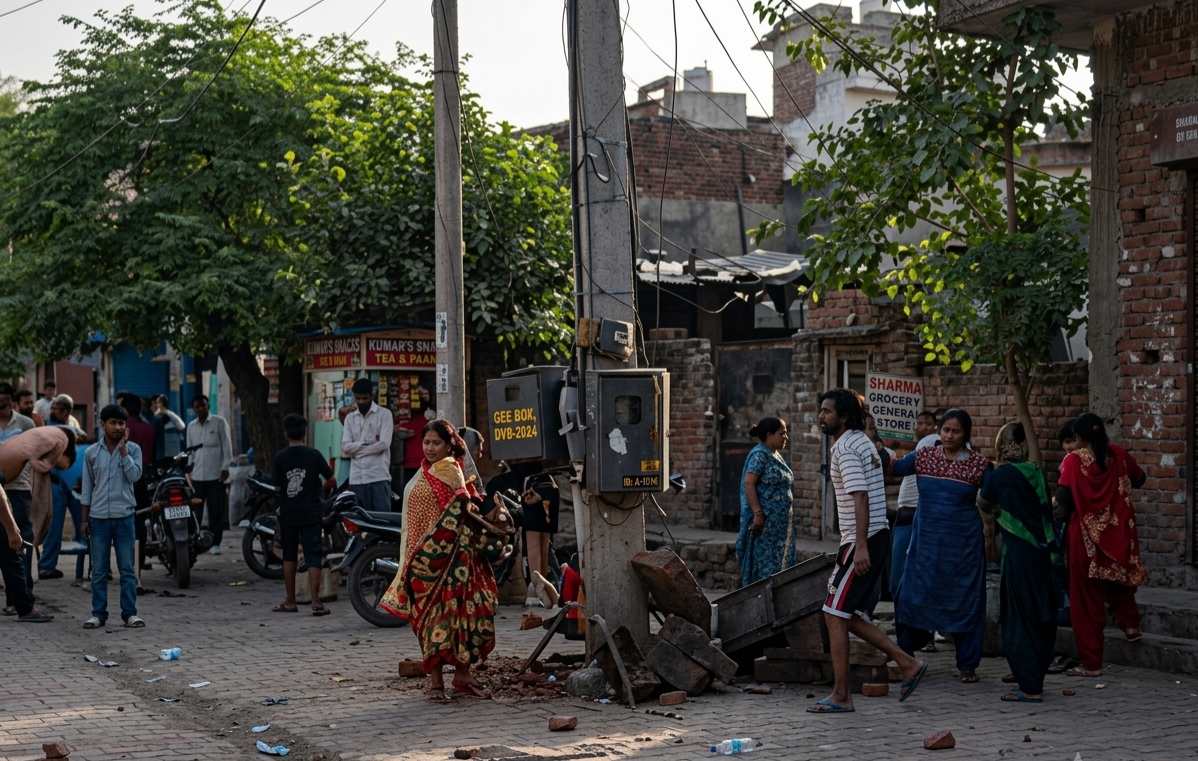 पुलिस पर पथराव करते हुए ग्रामीण