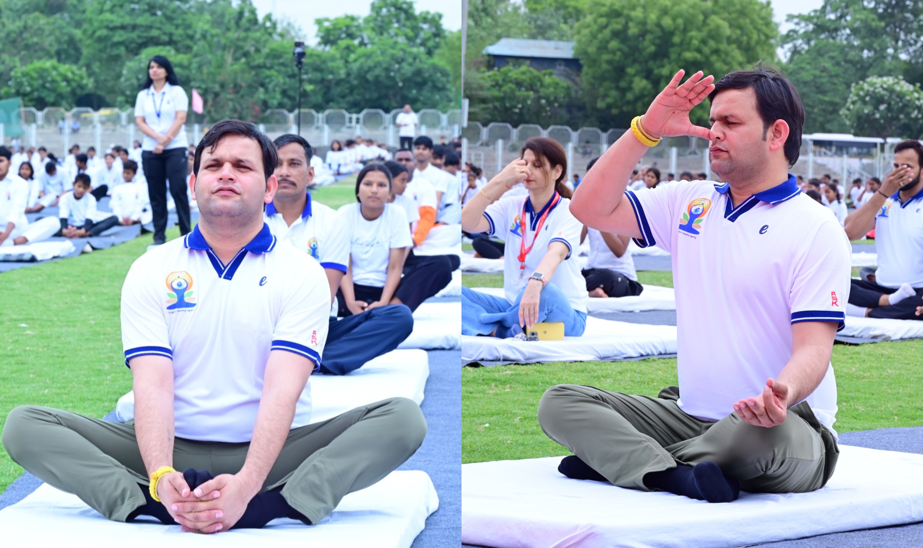 गुरुग्राम के ताऊ देवीलाल स्टेडियम में योग दिवस पर योग करते खेल मंत्री गौरव गौतम।