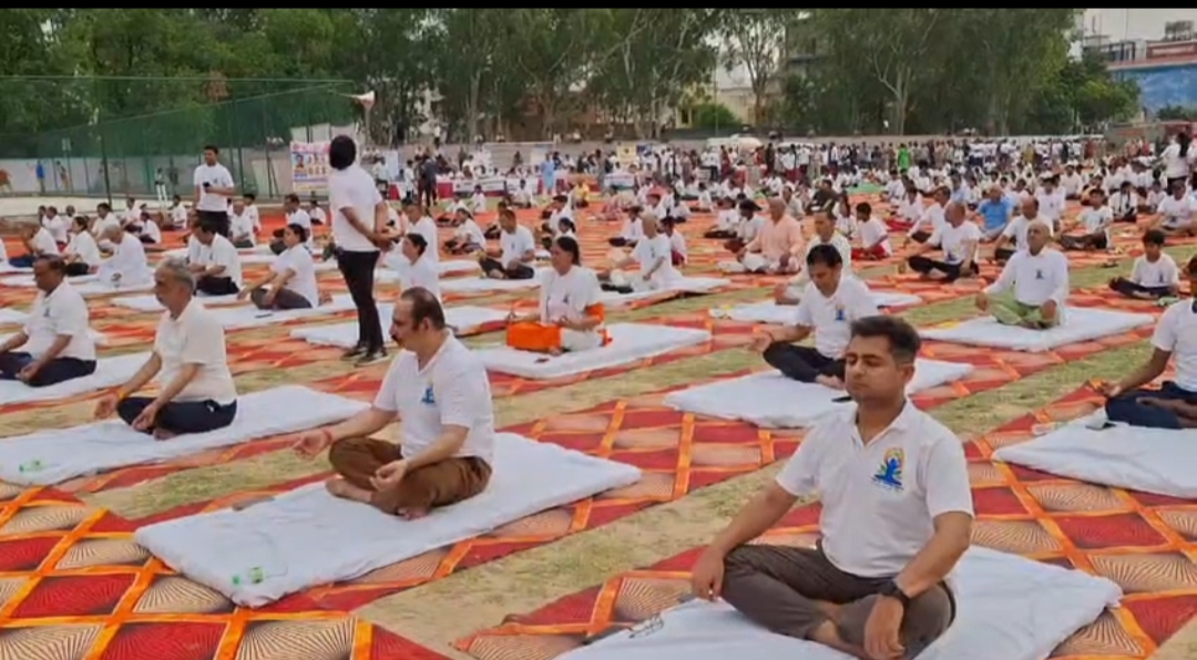 केंद्रीय राज्य मंत्री कृष्णपाल गुर्जर व जिला उपायुक्त सहित अन्य गण मान्य लोग योग करते हुए